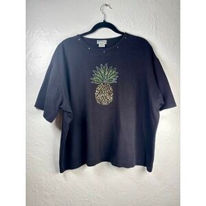 Las Olas Pineapple T-Shirt Women 3X Black Rhinestone Sequin Psych Fruit Retro